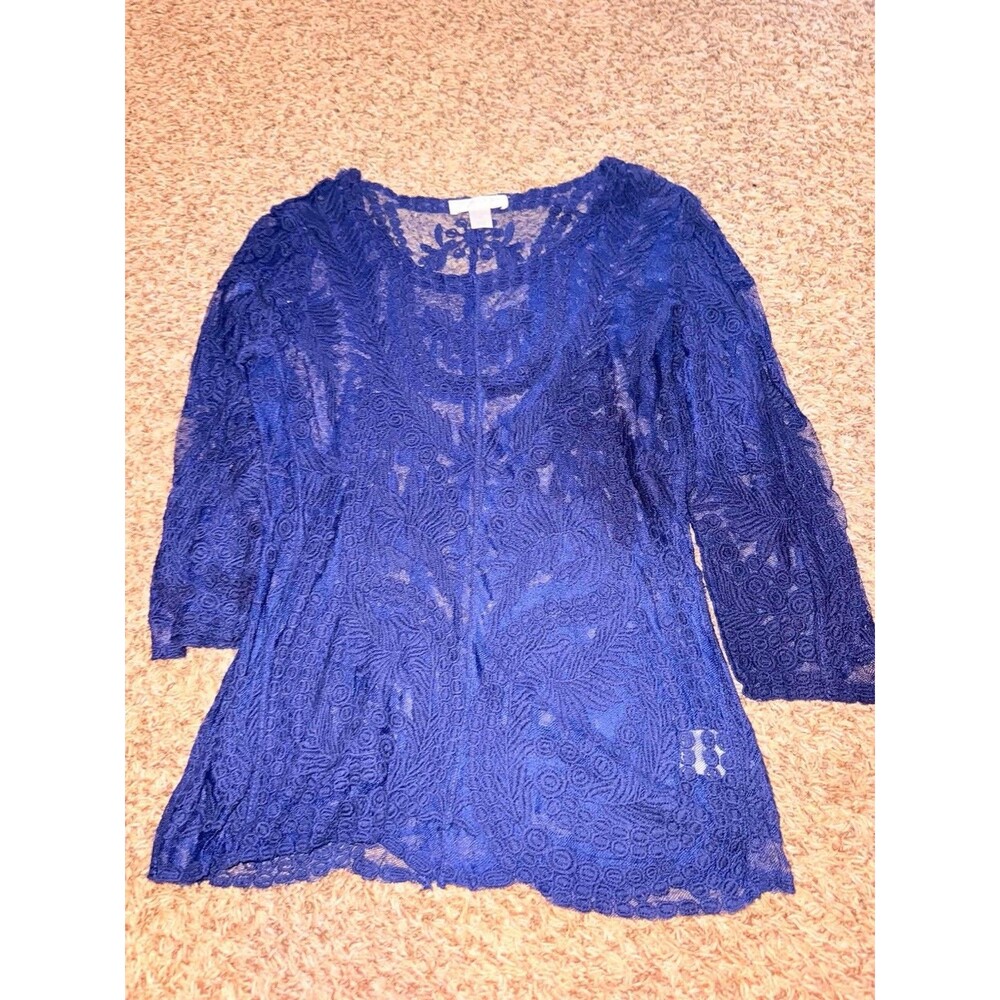 Kenar Navy Sheer Floral Lace Blouse Size Small